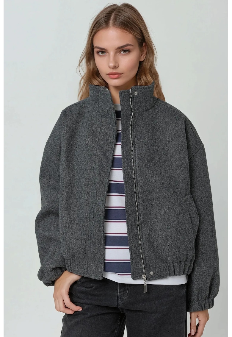 Jacheta bomber texturata - supradimensionata - gri inchis - material textil