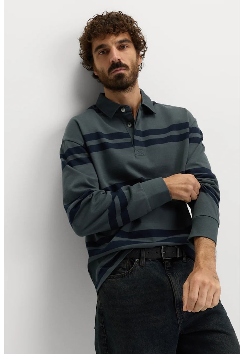 Marks Spencer Bluza polo de bumbac cu dungi - Bleumarin/Verde sparanghel