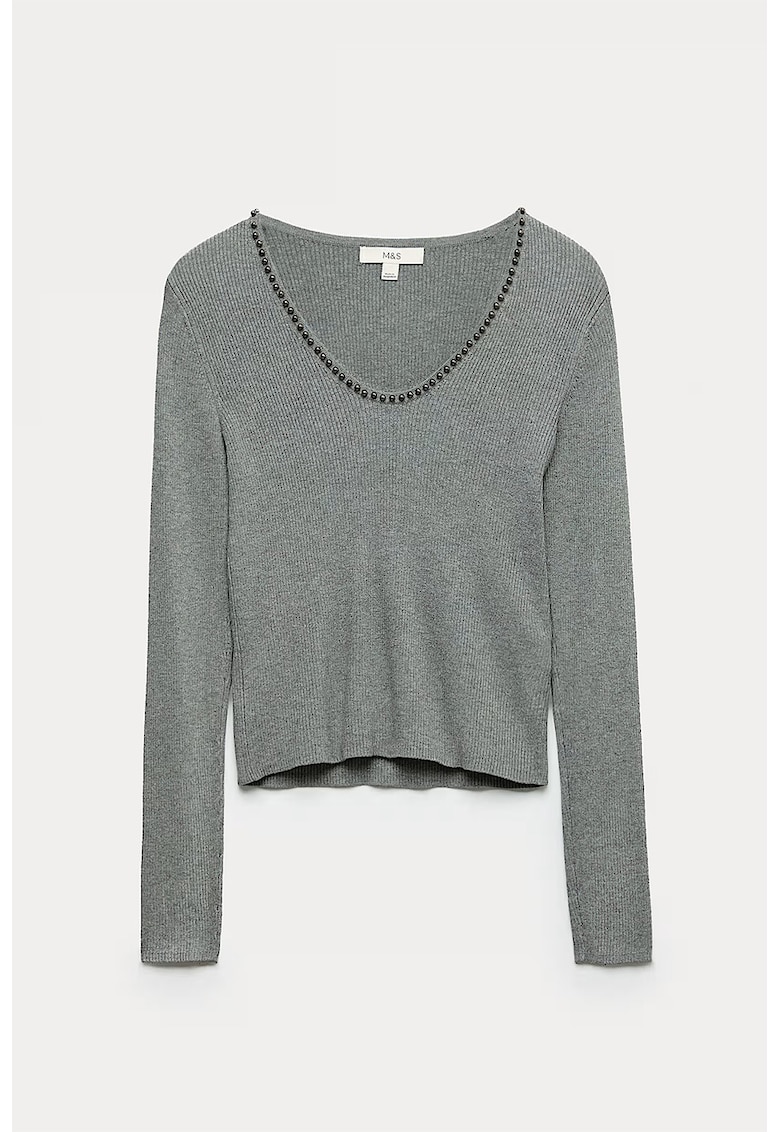Pulover slim-fit cu aplicatie din margele - Gri melange