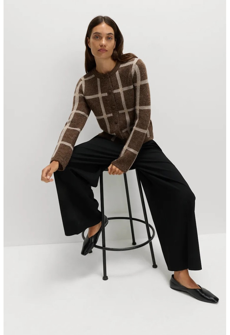 Cardigan in carouri cu decolteu rotund - Maro inchis/Bej