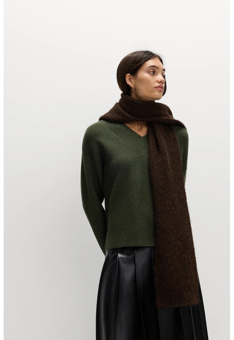 Pulover relaxed-fit cu decolteu in V - Kaki pal