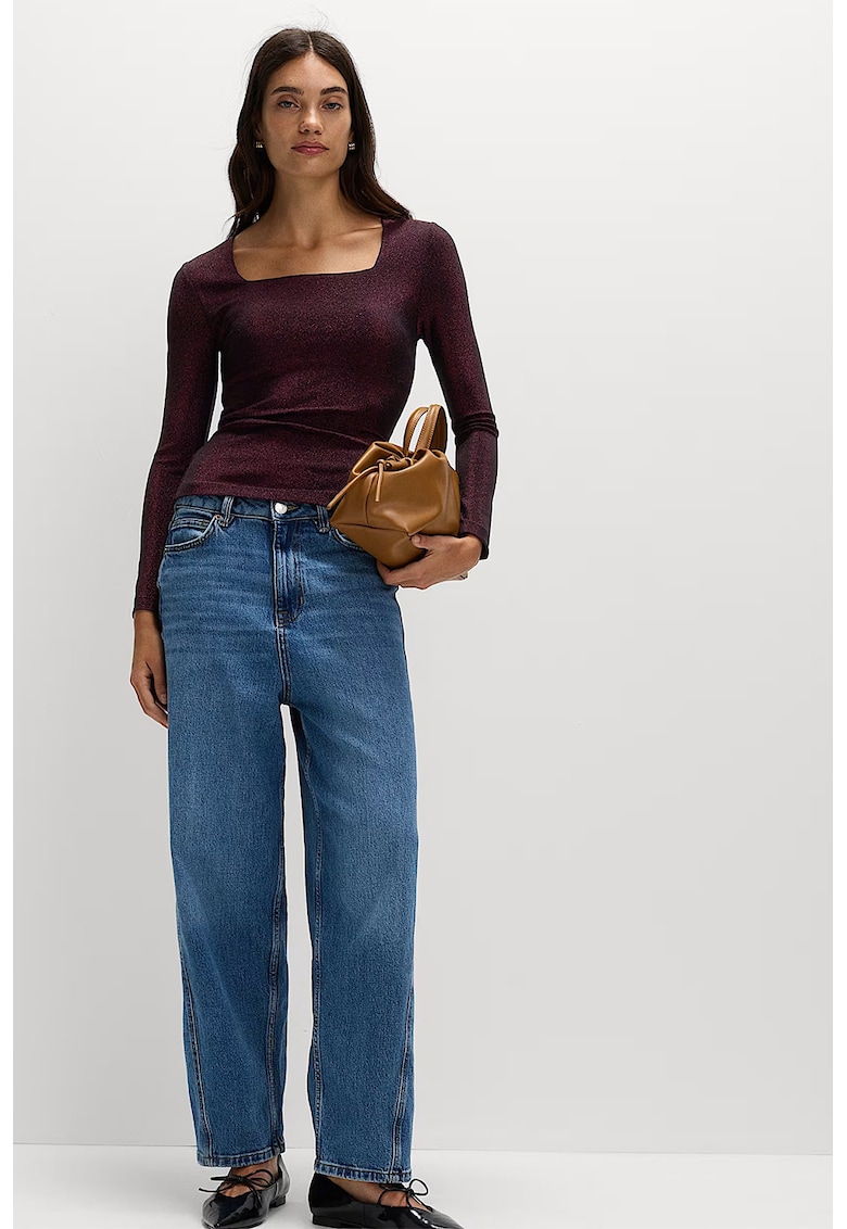 Bluza cu decolteu patrat si aspect stralucitor - Maro cognac