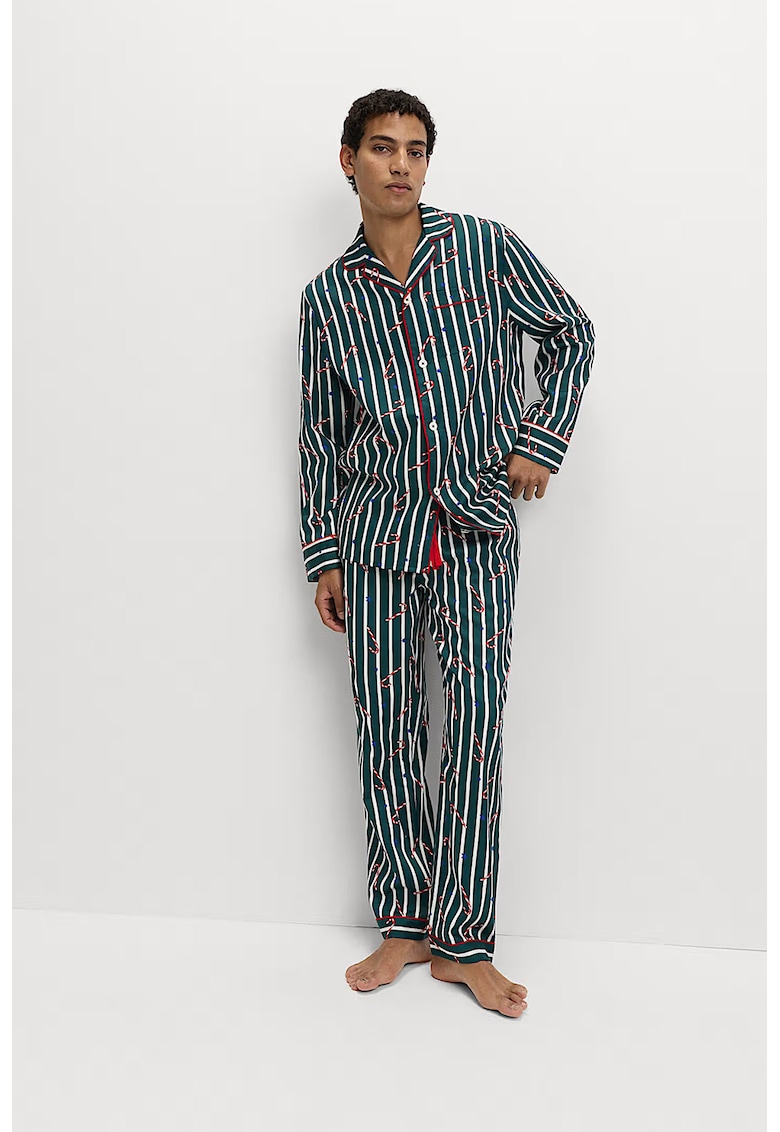 Pijama din bumbac cu pantaloni lungi si model tematic de Craciun