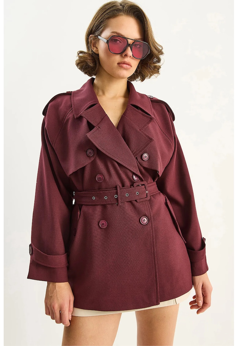 Trenciuri - Femei - Trench midi LUCCI din amestec de bumbac cu inchidere cu nasturi - Rosu Burgund -
