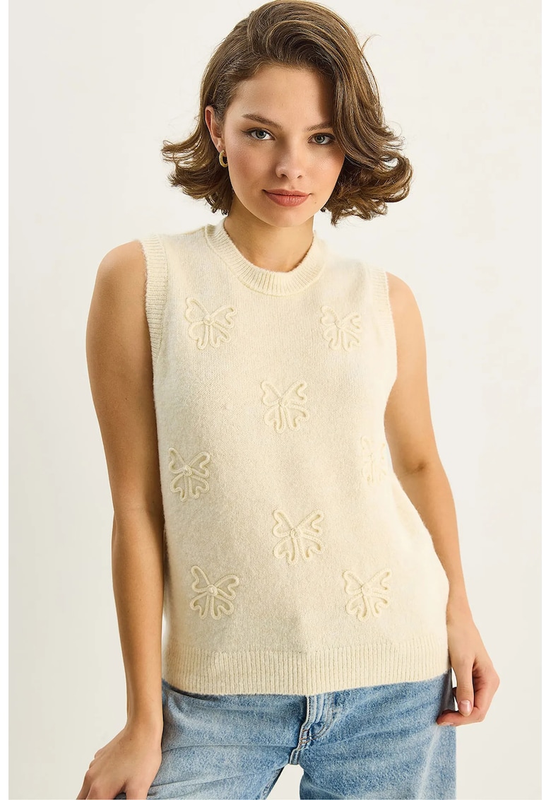 Veste cu pulovere - Femei - LUCCI Knit Sweater Vest with Embrodery - Crema naturala -