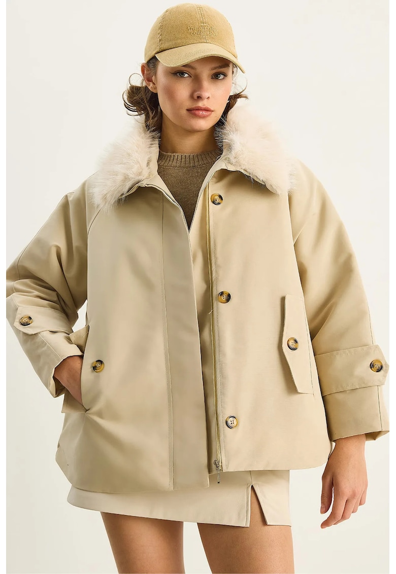 Geaca dama - jacheta cu fermoar - guler din blana artificiala - piatra naturala - bumbac -