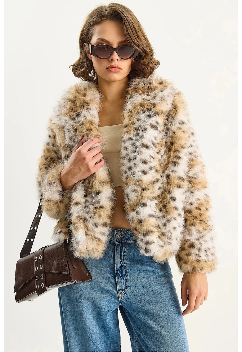 Palton dama HiCCUP supradimensionat din blana artificiala cu imprimeu leopard - multicolor - textil