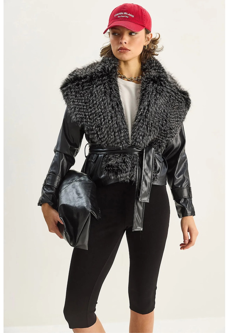 Geaca dama - din piele ecologica - cu blana artificiala - neagra - textil.