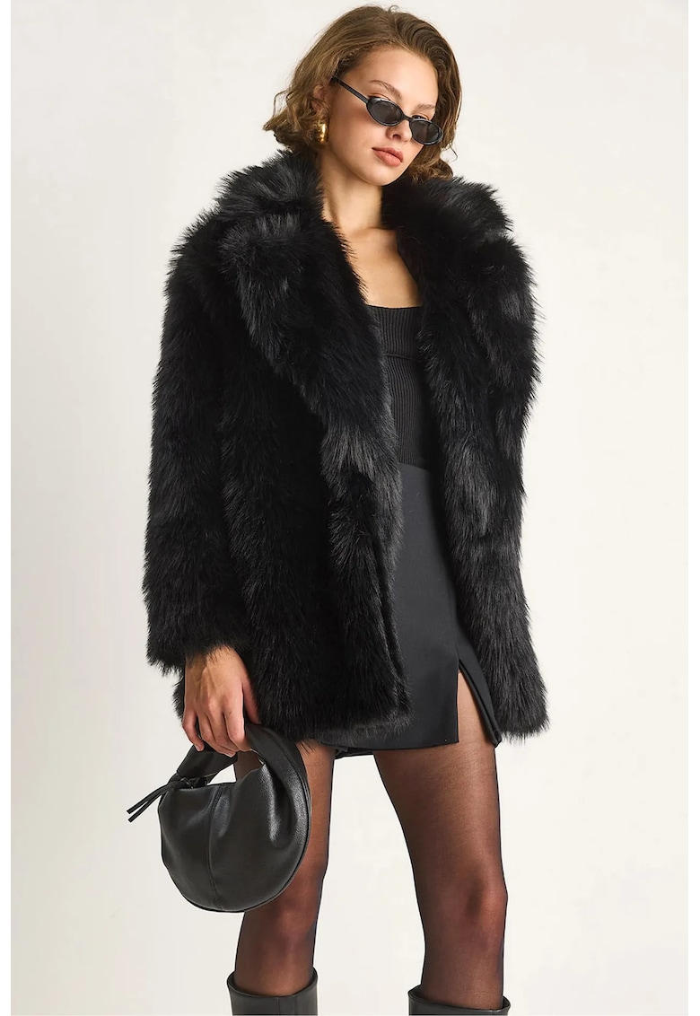 Palton dama - blana artificiala - negru - jerseu -