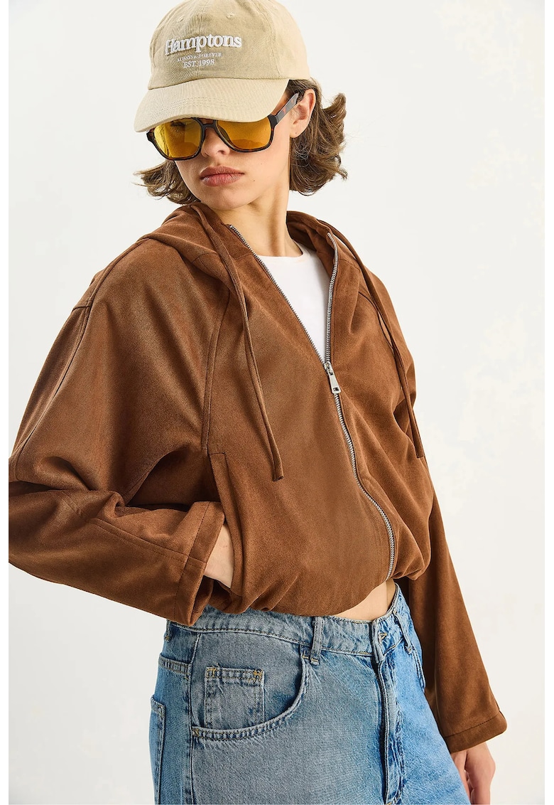 Geaca dama - cu gluga - fermoar - maro - textil