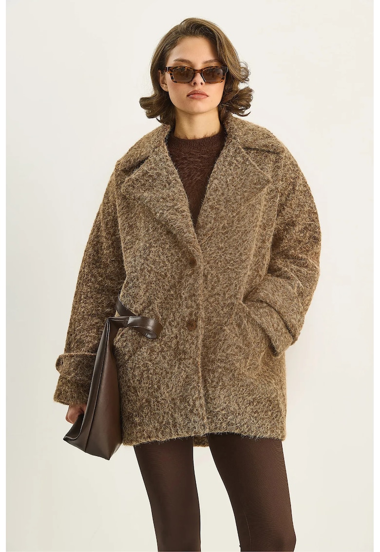 Palton dama HiCCUP - jacheta texturata supradimensionata - bej - fleece