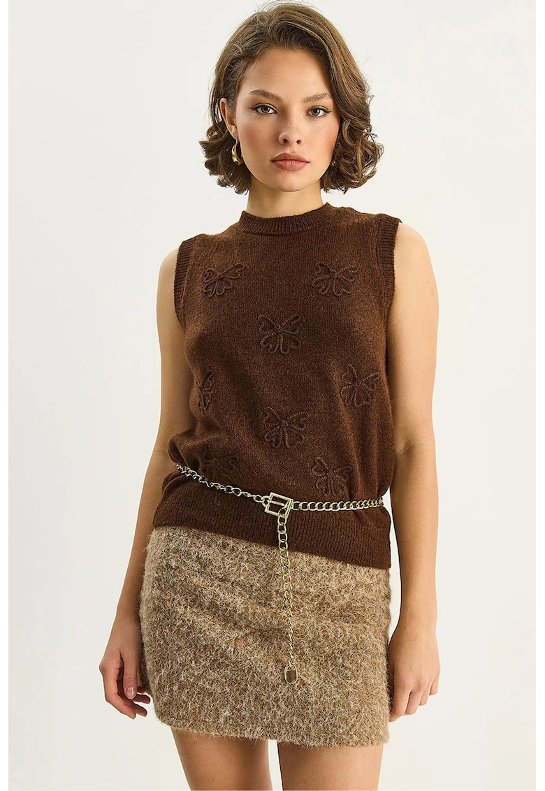 Veste cu pulovere - Femei - LUCCI Knit Sweater Vest with Embrodery - Maro Mocha Inchis -