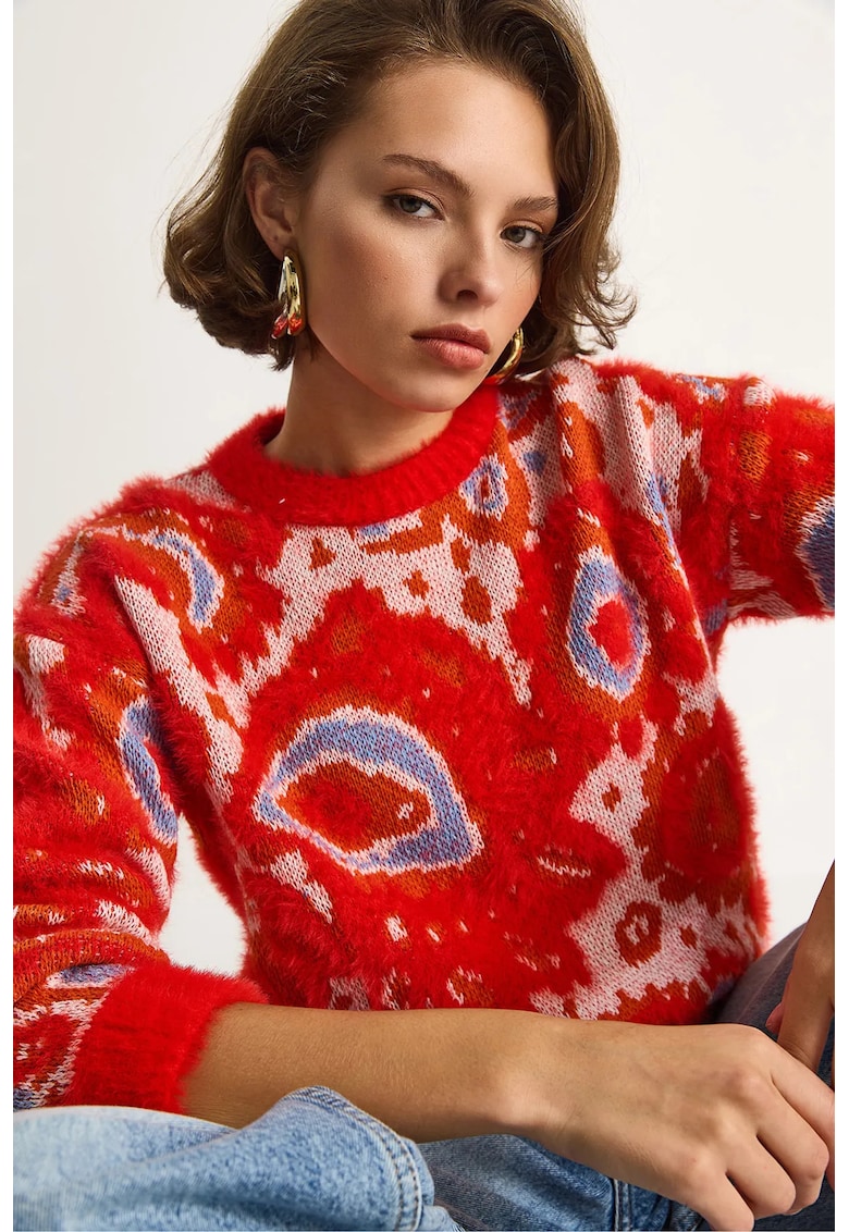 Pulovere - Femei - Pulover gros tricotat abstract LUCCI cu guler rotund - Portocaliu stralucitor -