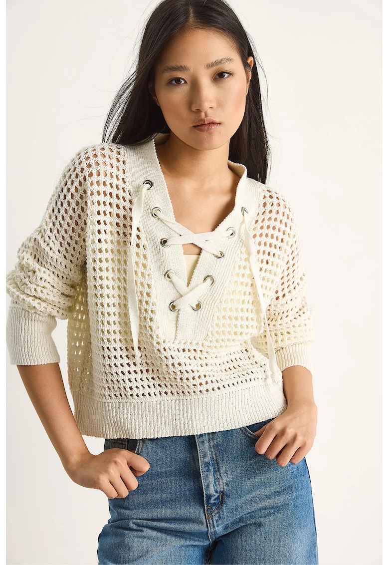 Pulovere - Femei - Pulover tricotat cu gluga si snur LUCCI - Fildes Natural -