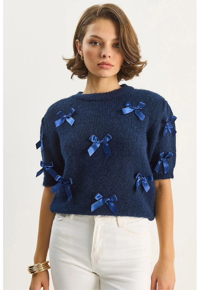 Pulovere - Femei - LUCCI Knit Crew Neck Pulover cu Bow - Albastru marin -