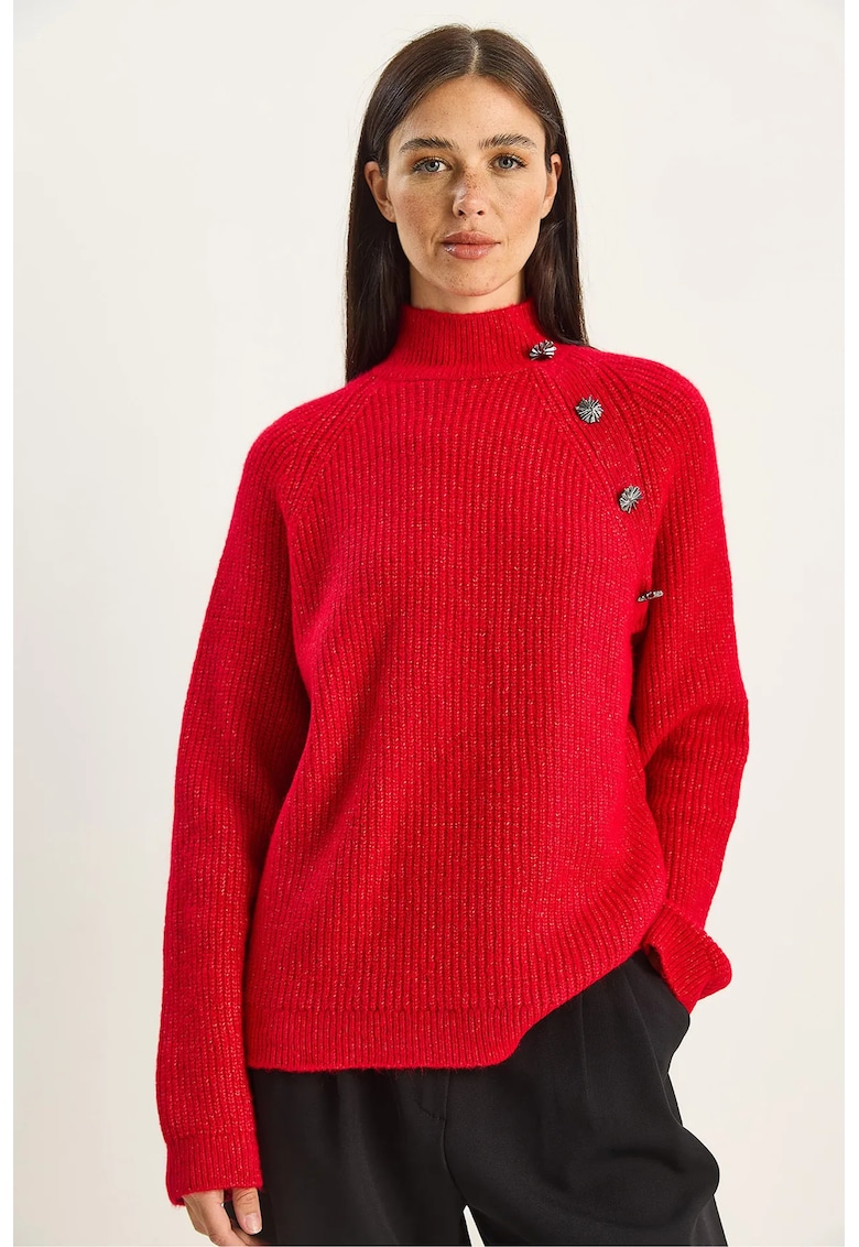 Pulovere - Femei - Pulover gros tricotat cu guler inalt LUCCI - Rosu -