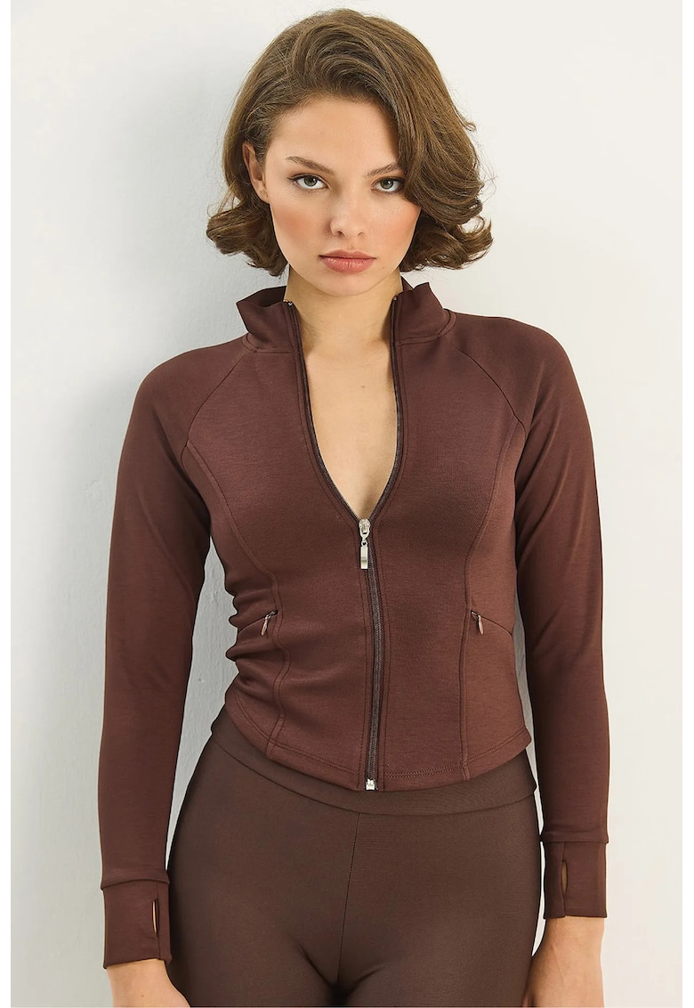 Pulover dama HiCCUP - tricotat - Slim Fit - fermoar - maro - jerseu