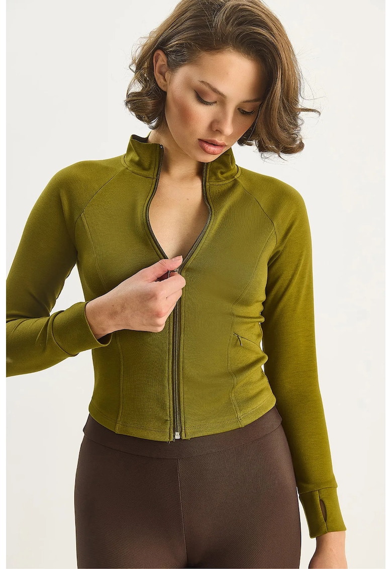 Pulover dama - Top activ tricotat Slim Fit - fermoar - verde - jerseu