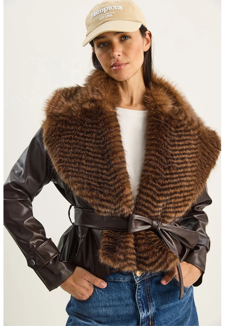 Geaca dama - imitatie de piele - blana artificiala - maro