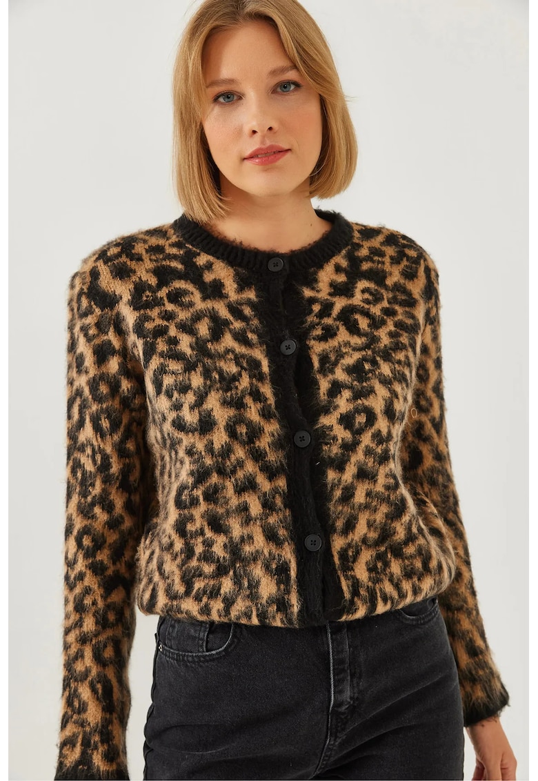 Cardigan tricotat gros cu nervuri si imprimeu leopard - multicolor - tricot -