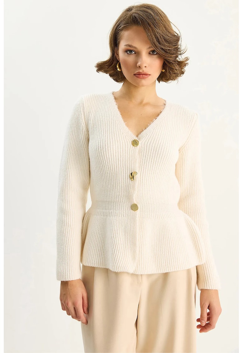 Cardigane - Femei - Cardigan cu maneca lunga - decolteu in V si nasturi - cu nervuri LUCCI - Crema naturala -