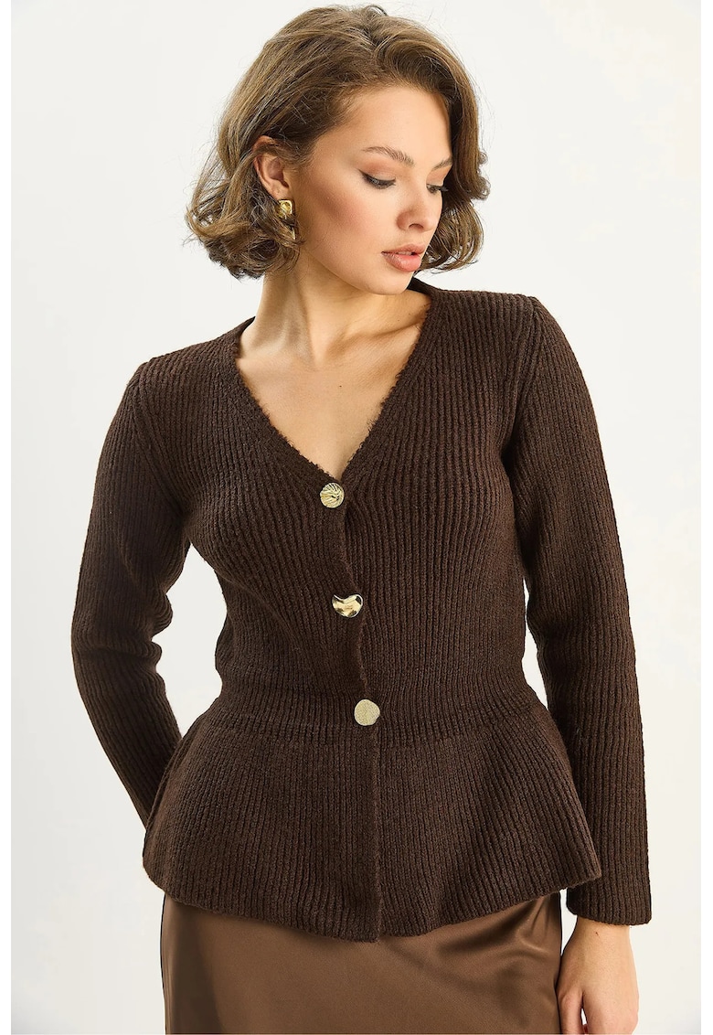Cardigane - Femei - Cardigan cu maneca lunga - decolteu in V si nasturi - cu nervuri LUCCI - Maro Mocha Inchis -