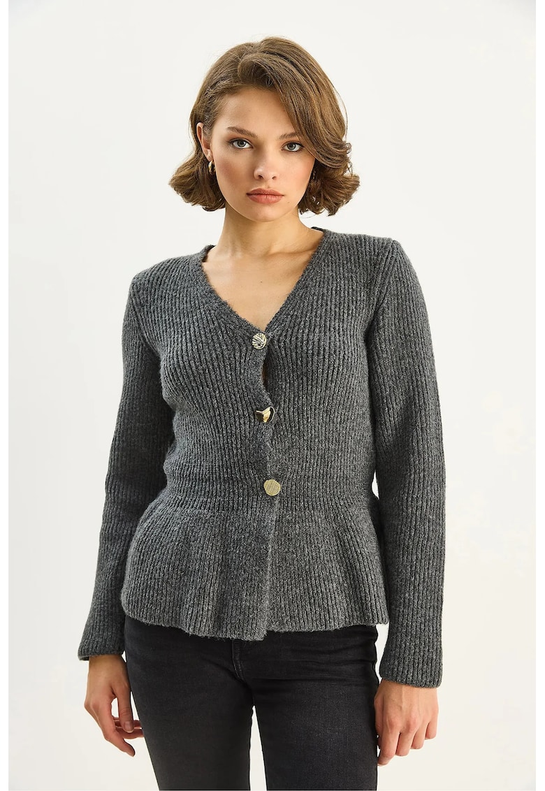 Cardigane - Femei - Cardigan cu maneca lunga - decolteu in V si nasturi - cu nervuri LUCCI - Gri carbune -