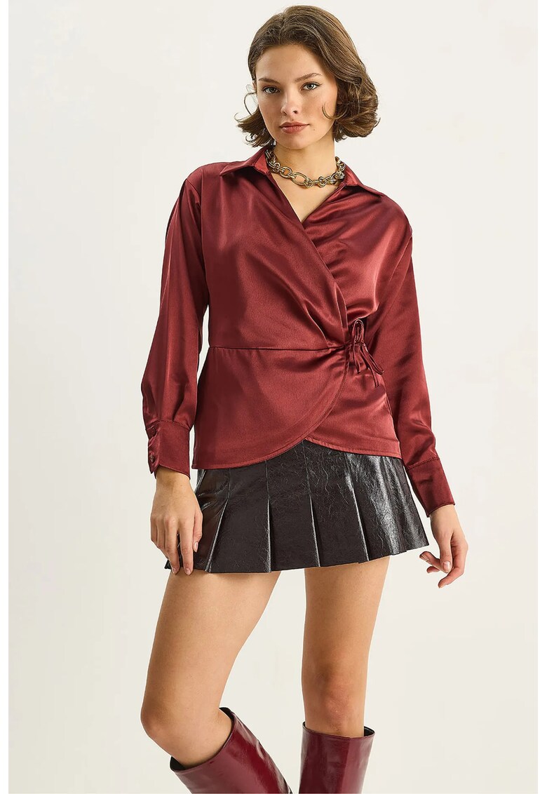 Camasa dama HiCCUP - satin - decolteu in V - inchidere cu cravata - visiniu