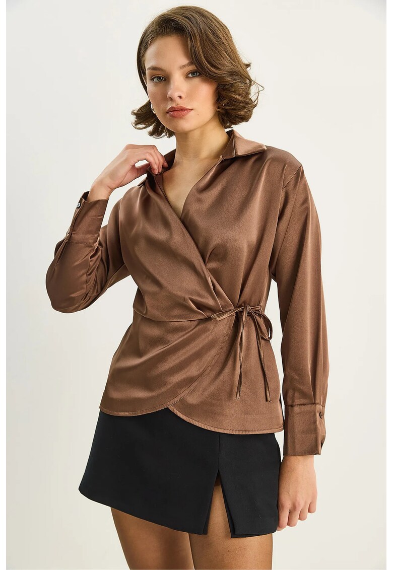 Camasa dama - HiCCUP - camasa din satin cu decolteu in V - maro moca - textil