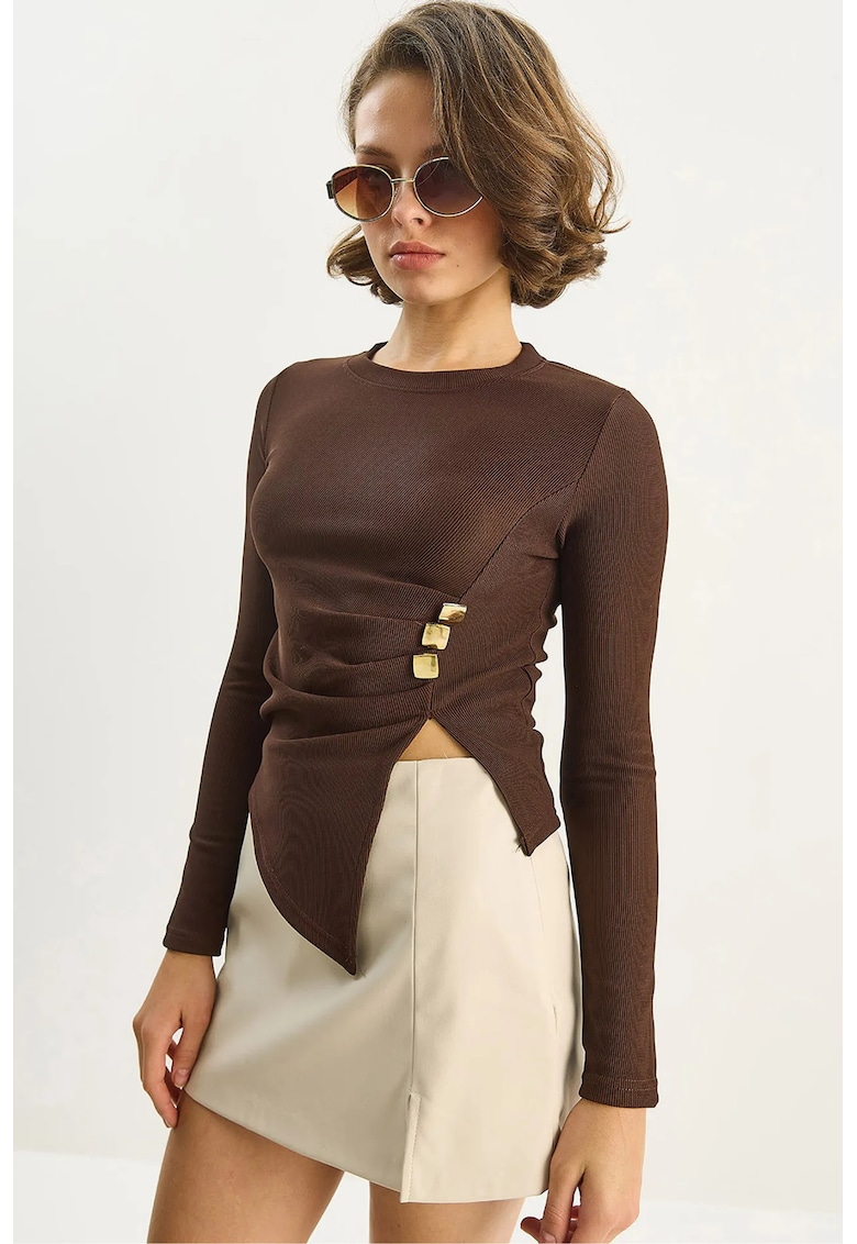 Bluza dama HiCCUP - maneca lunga - detaliu accesoriu - maro - jerseu