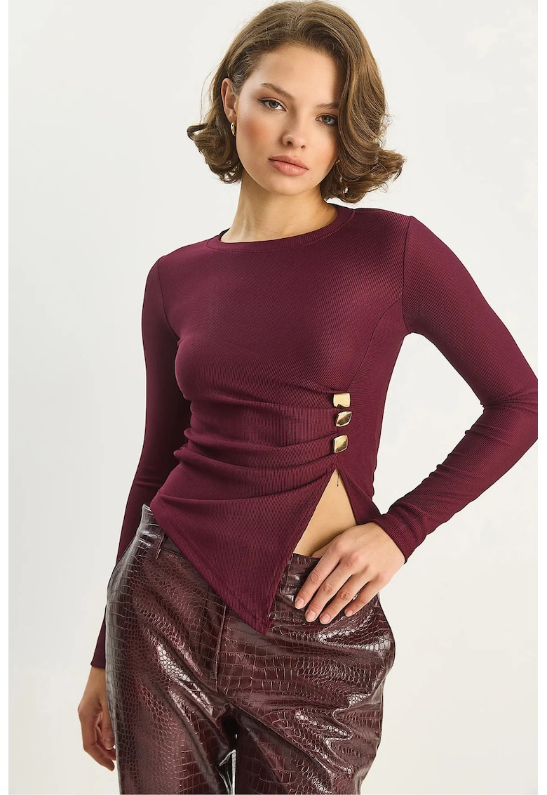 Bluza dama HiCCUP - maneca lunga - detaliu accesoriu - visiniu - jerseu