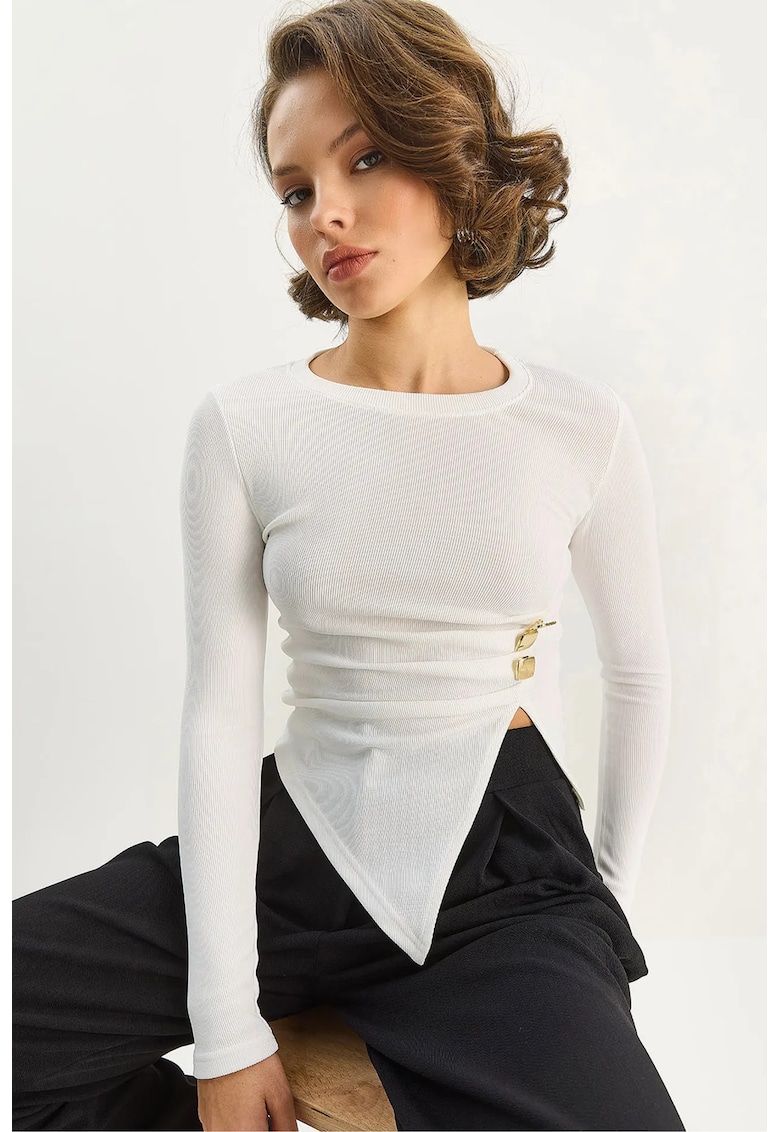 Bluze - Femei - Bluza LUCCI Crew Neck lunge vastenge thaj detalura e aksesorienge - Alb - Alb