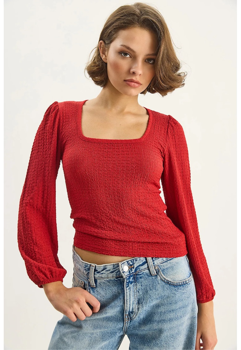 Camasa texturata HiCCUP Slim Fit - guler patrat - rosu - jerseu