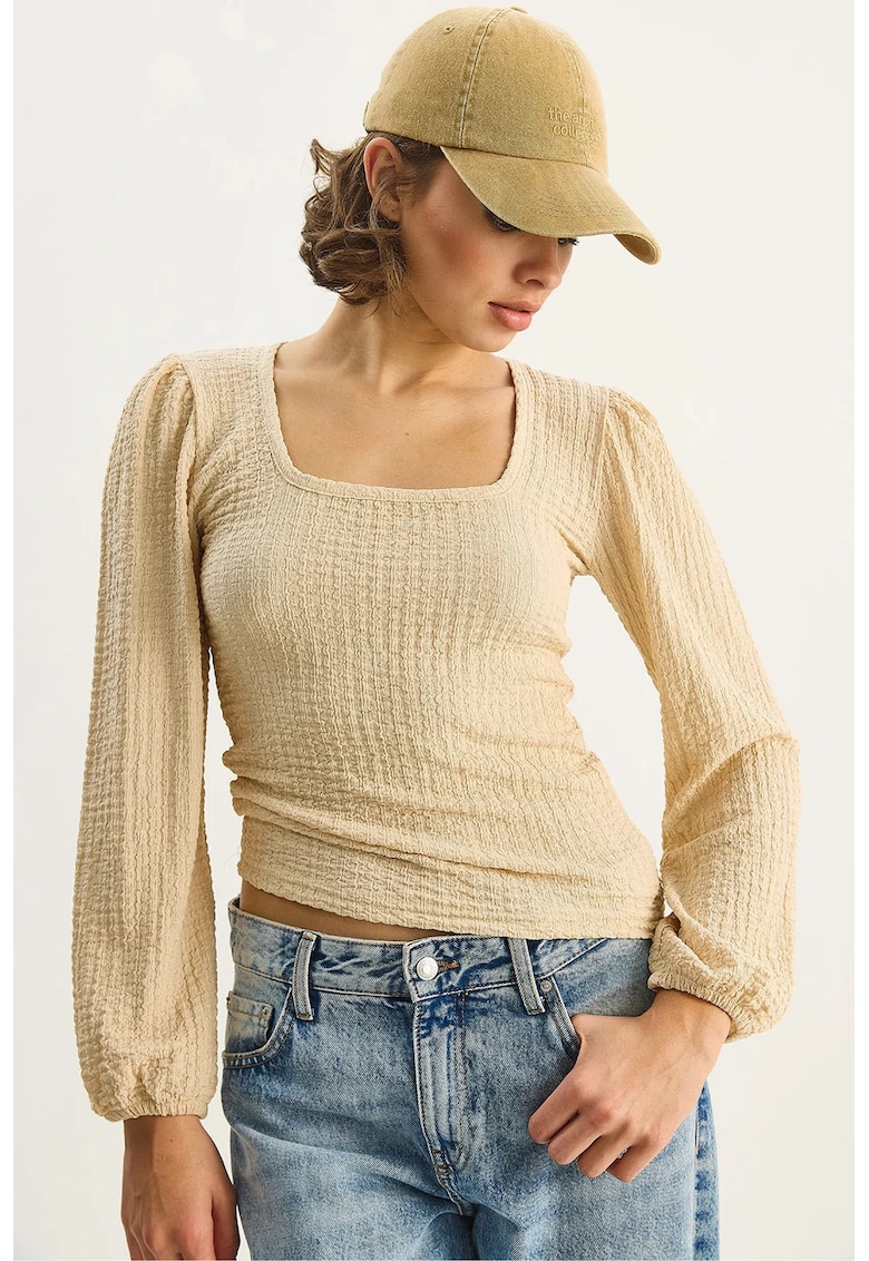 Bluza dama - HiCCUP - Texturata cu Guler Patrat - Slim Fit - Maro - Jerseu