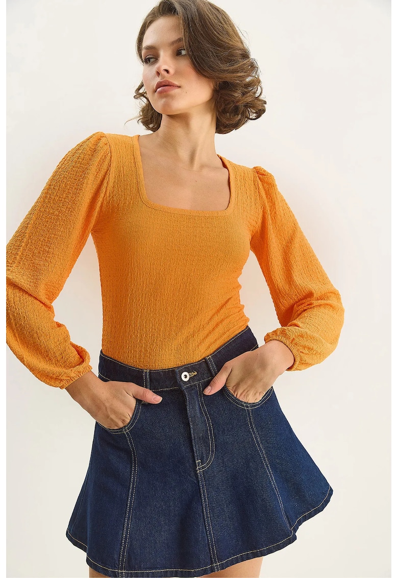 Camasa texturata HiCCUP Slim Fit - guler patrat - portocaliu aprins - jerseu