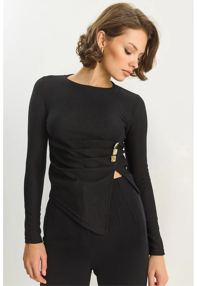 Bluza dama - HiCCUP - maneca lunga - detaliu accesoriu - negru - jerseu