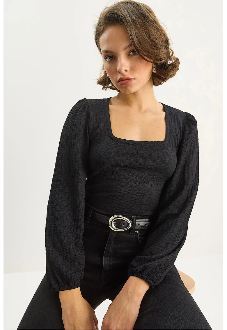 Bluza dama - HiCCUP - texturata - guler patrat - slim fit - negru - jerseu