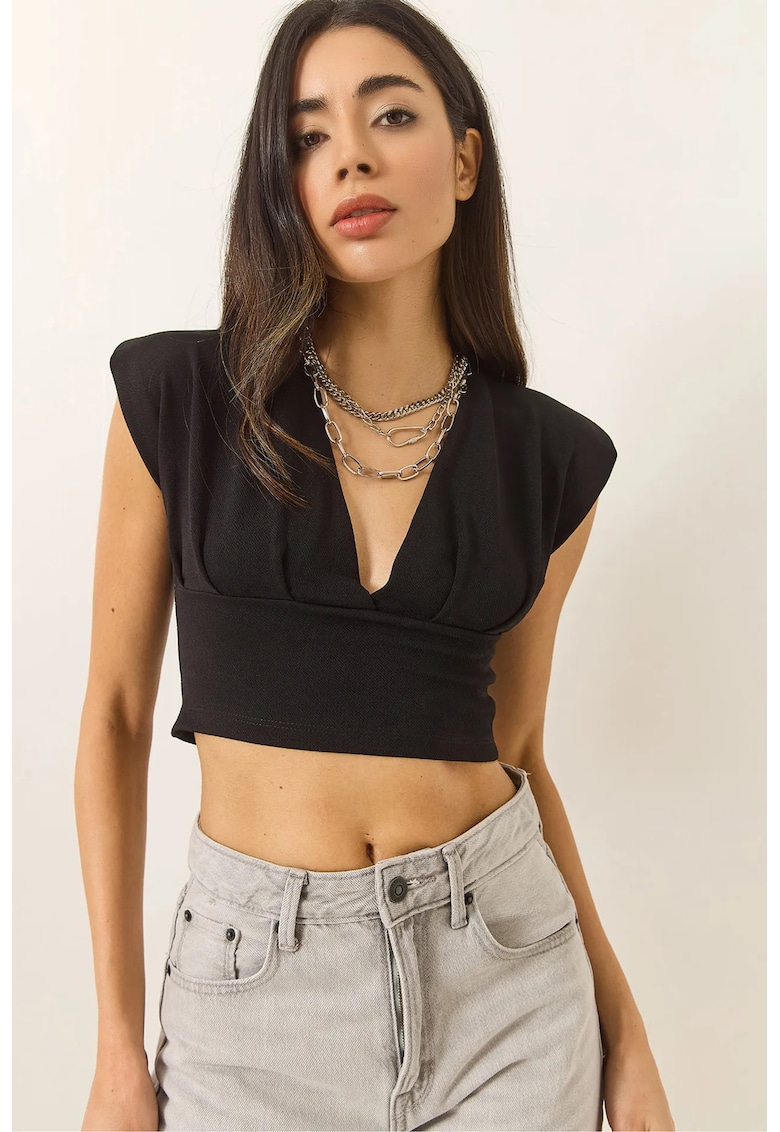 Bluza Crop HiCCUP - Slim Fit - decolteu in V - negru - jerseu
