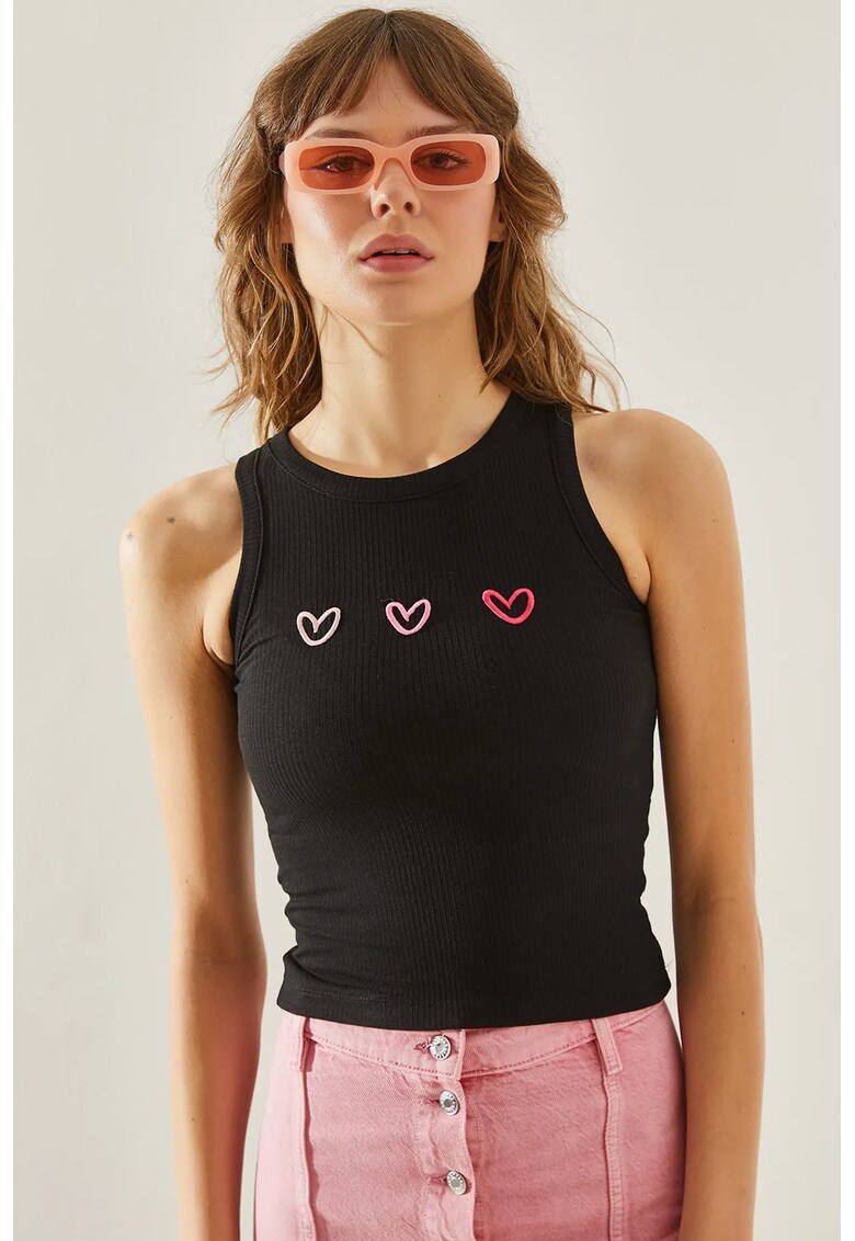 Maiou top dama - brodat - slim fit - negru - jerseu