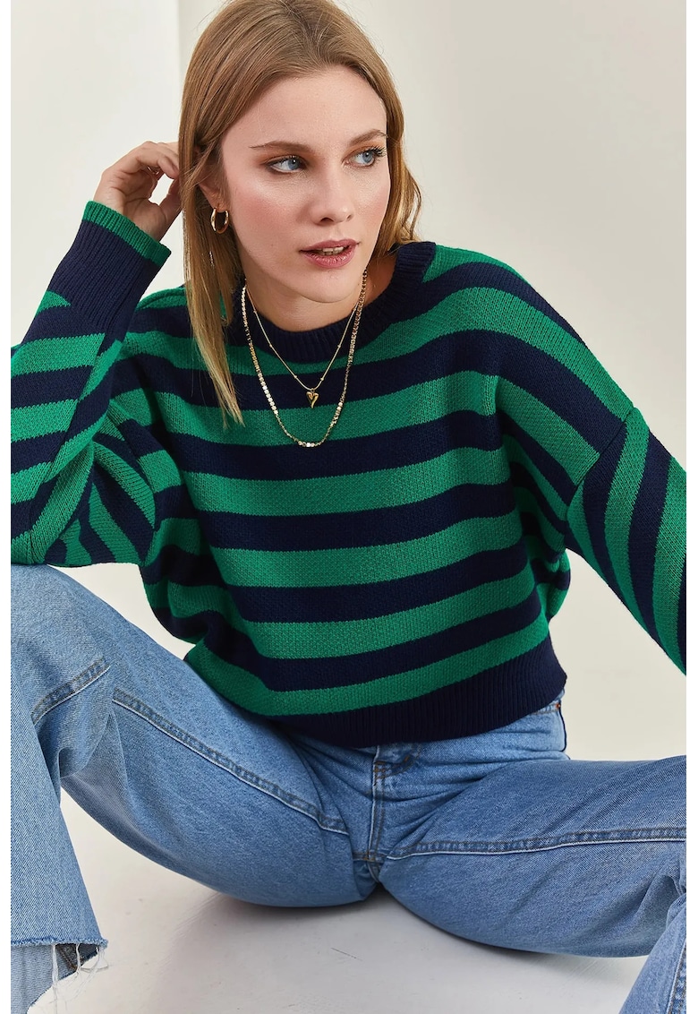 Pulovere dama - pulover scurt supradimensionat - dungi - verde - tricot -