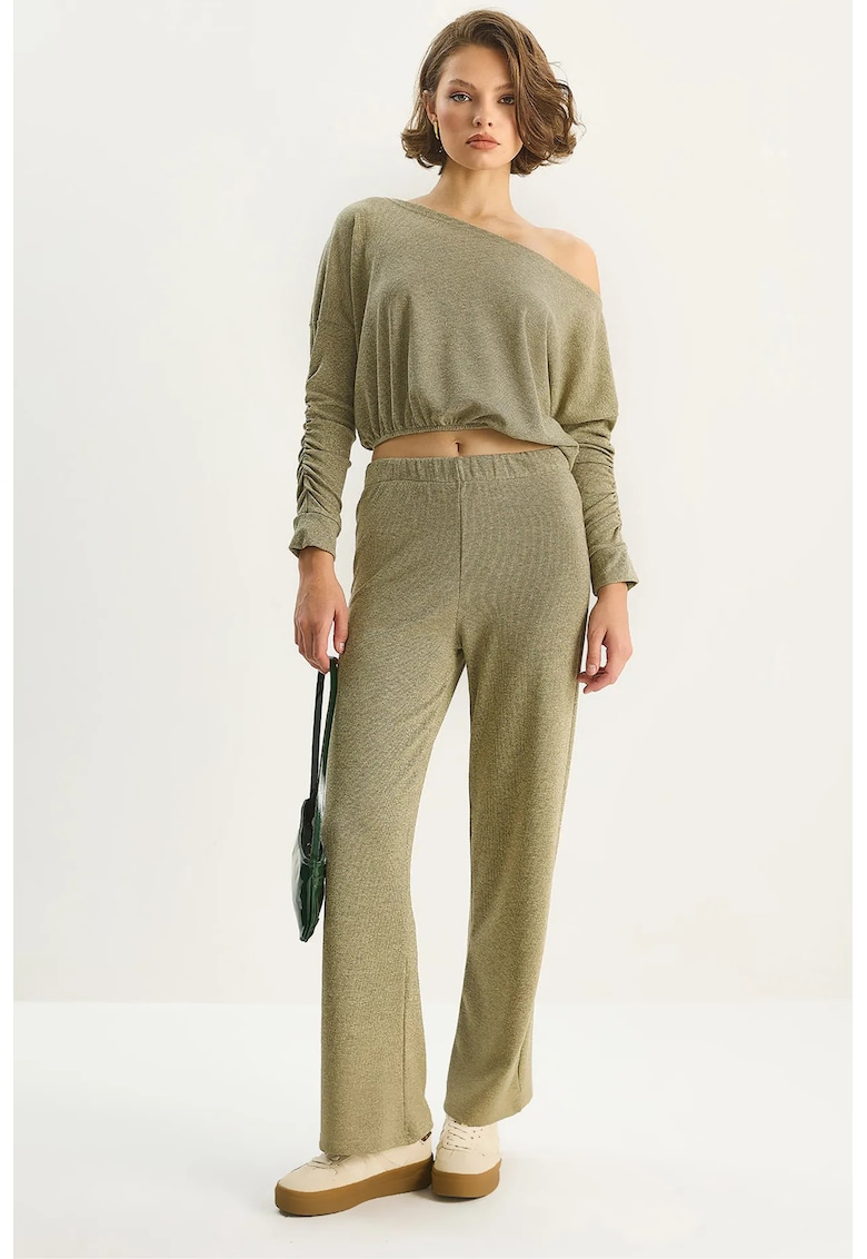 Costum din doua piese - HiCCUP - bluza cu decolteu barca - pantaloni cu picior larg - verde pin - bumbac si lycra