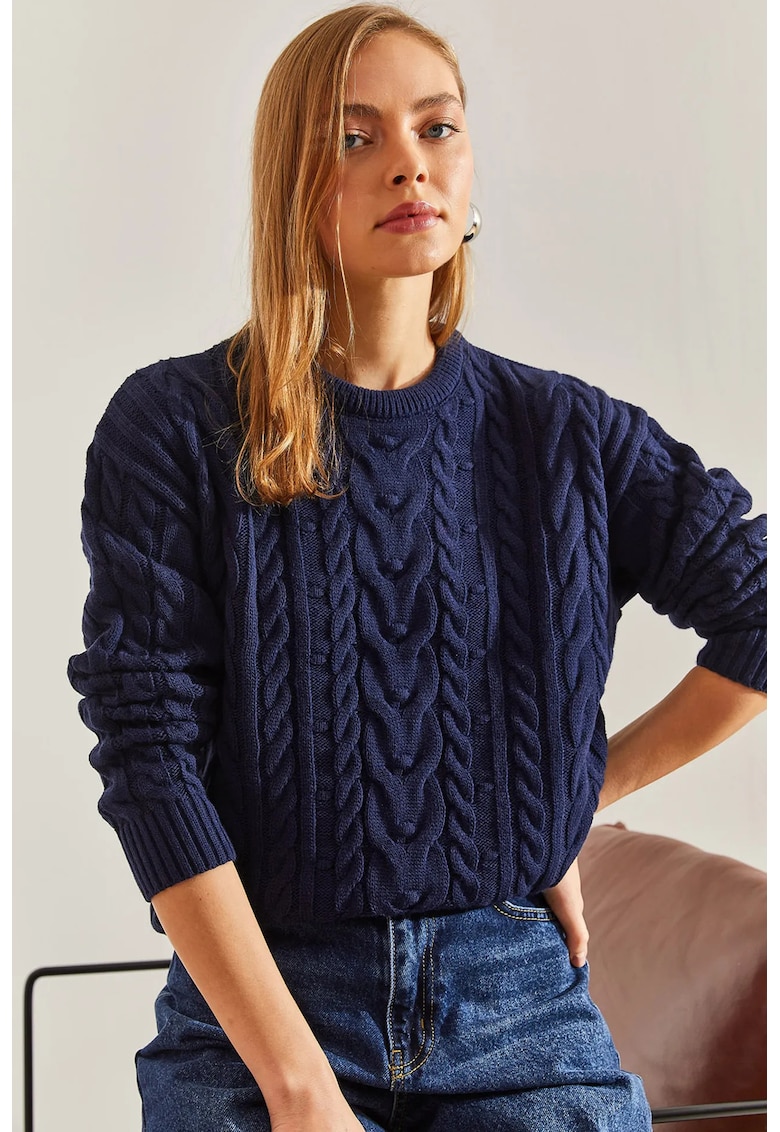 Pulover dama - guler rotund - texturat - bleumarin - tricot -