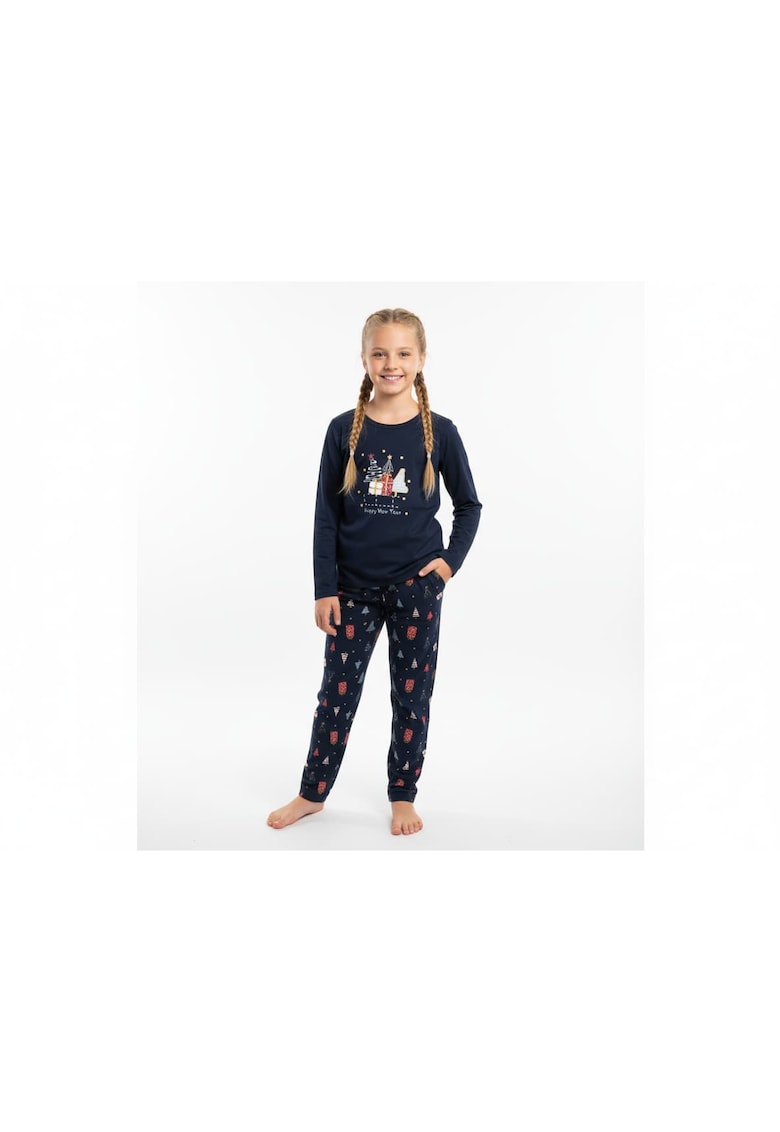 Pijama cu imprimeu de Craciun - din bumbac - pentru fete - Albastru