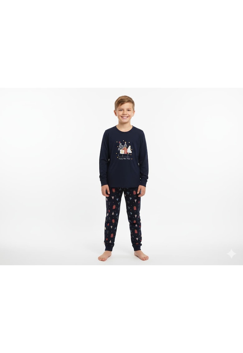 Bumbacel 100 COTTON Pijama cu imprimeu de Craciun - din bumbac - pentru baieti - Albastru