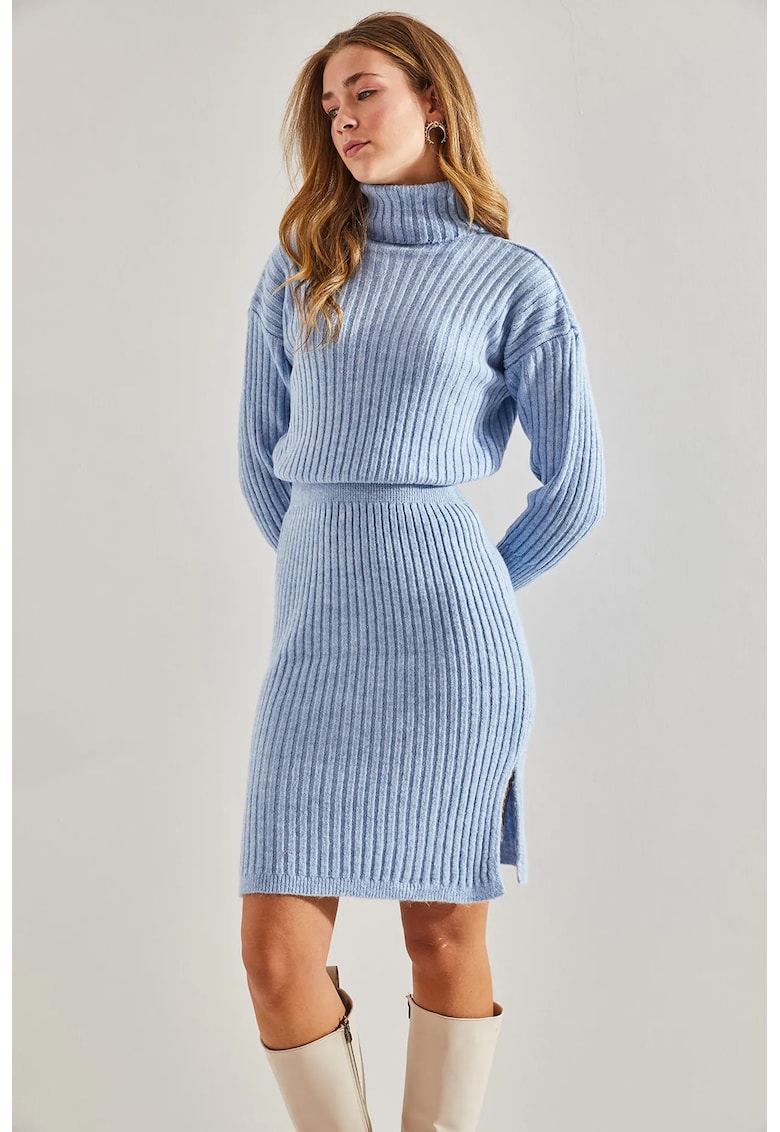 Set tricotat - pulover cu guler inalt si fusta - albastru - tricot -