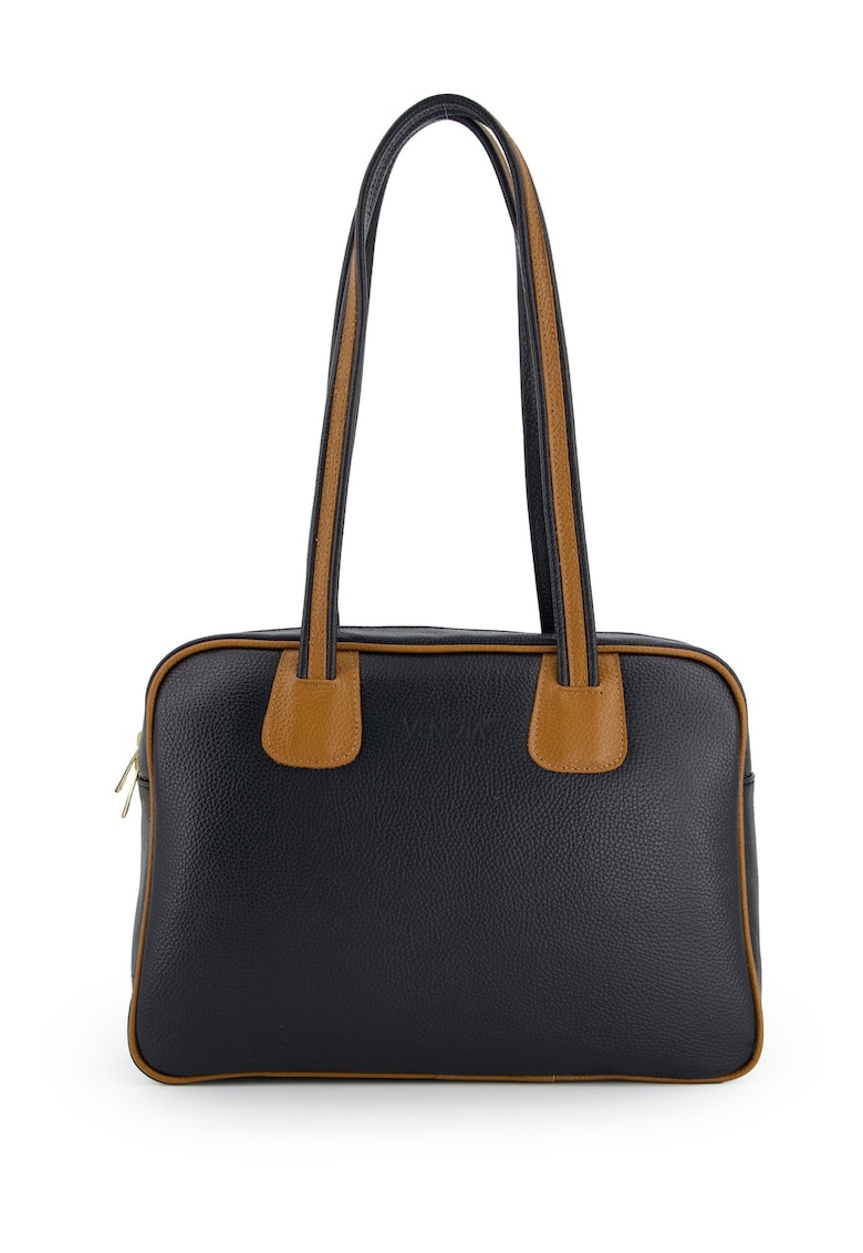 Geanta de umar - piele naturala - neagra - 36x26x10cm - 3 buzunare interioare - detalii aurii
