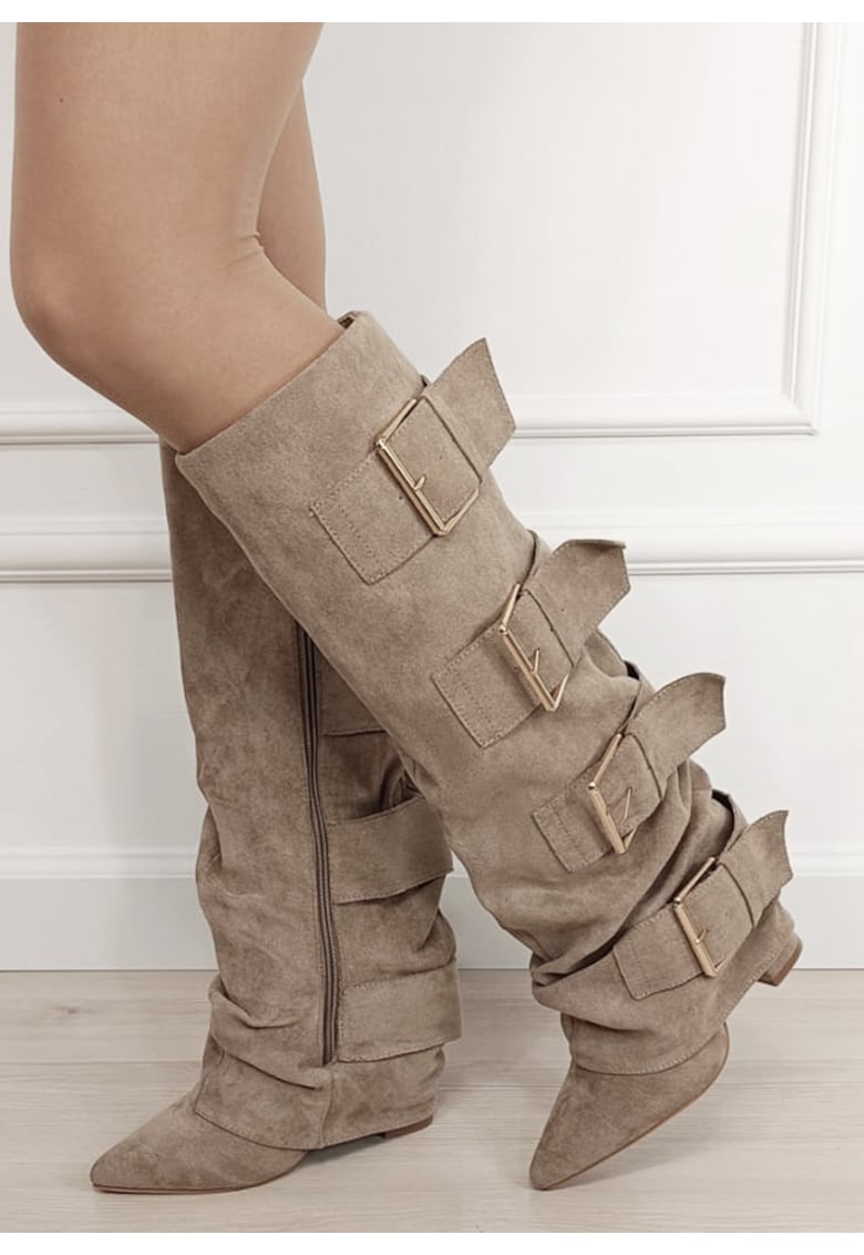 Cizme bej elegante cu toc comod 7677A-1 19 18918 - Bej