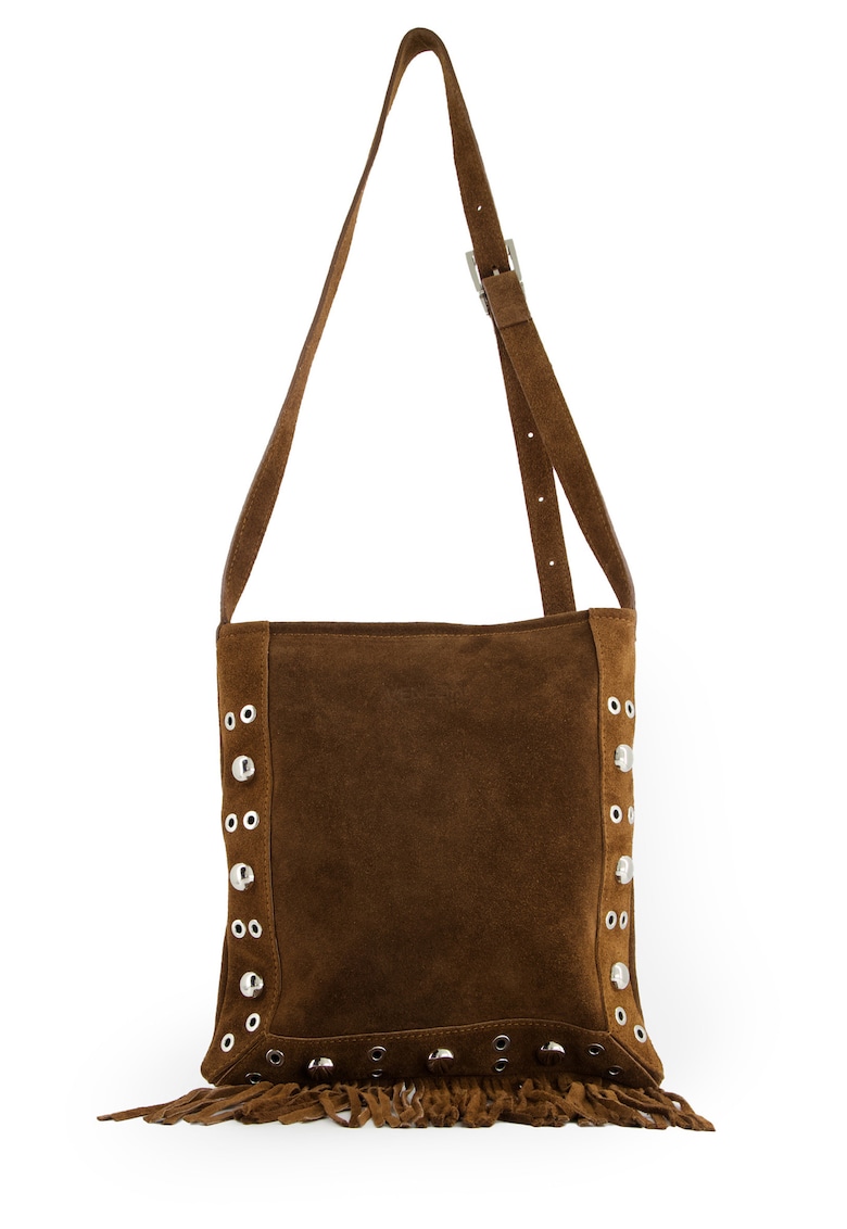 Geanta de umar din piele intoarsa cu franjuri si elemente metalice