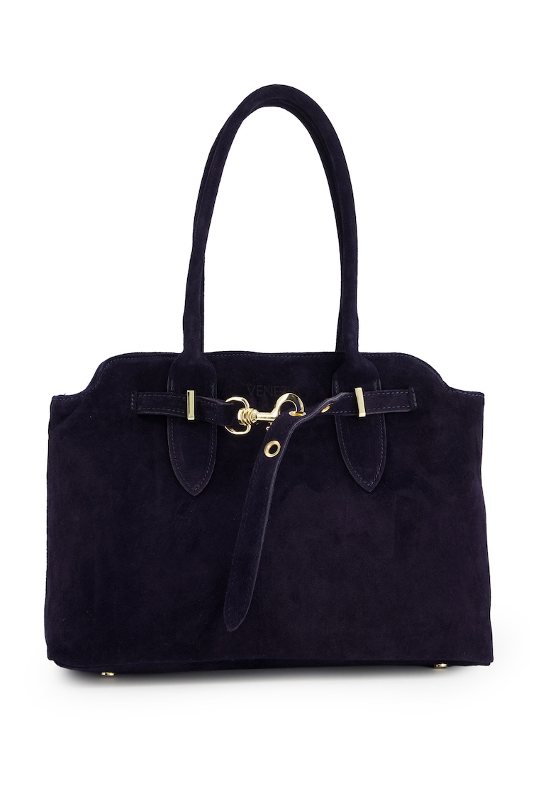 Geanta shopper din piele intoarsa cu detaliu metalic