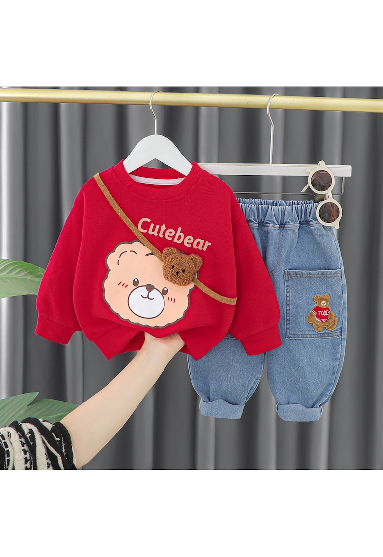 Compleu Bluza Rosie si Pantaloni Albastri Cute Bear